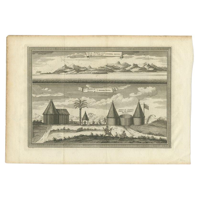 Antiker Druck der Berge und des Dorfes auf Sierra Leone, 1748