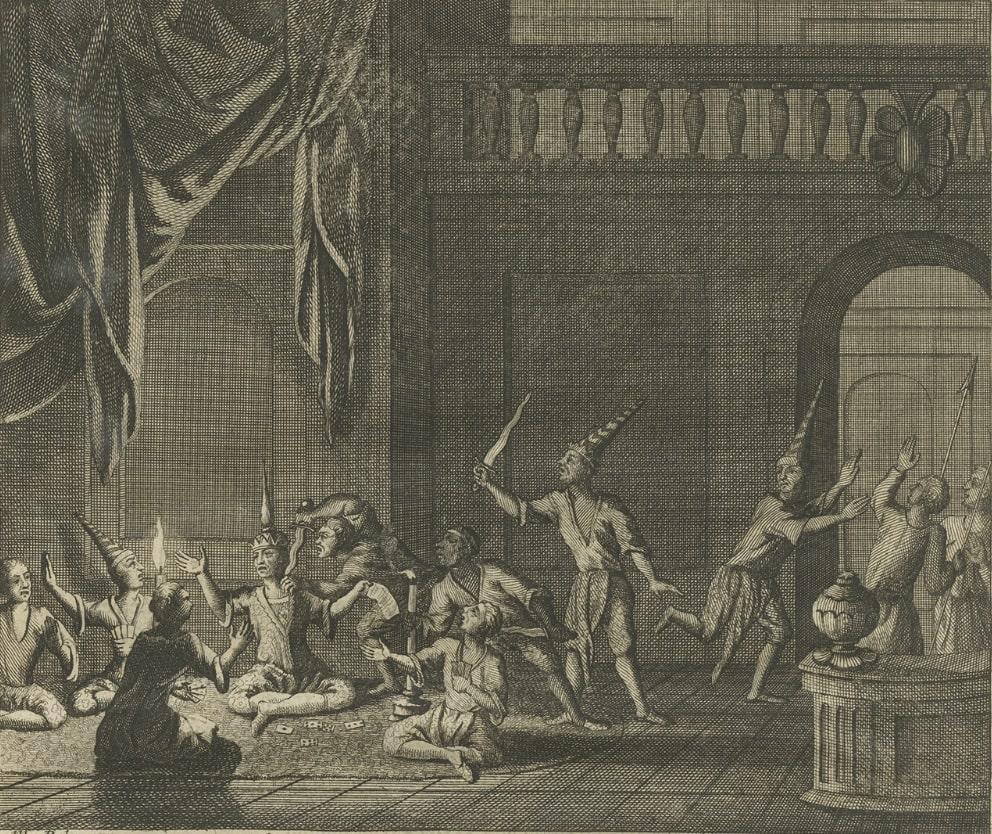 Paper Antique Print of the Murder of Kings in Cambodia while Playing Cards, 1726 For Sale