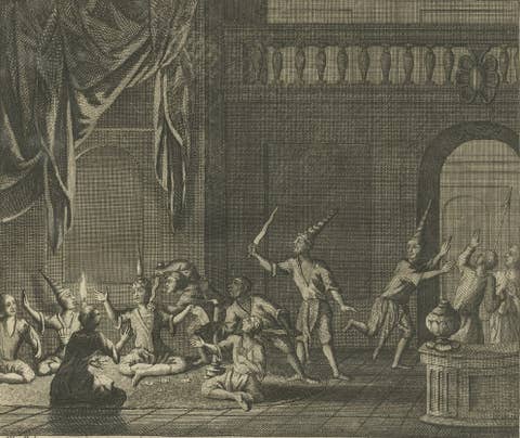 Antique Print of the Murder of Kings in Cambodia while Playing Cards, 1726
