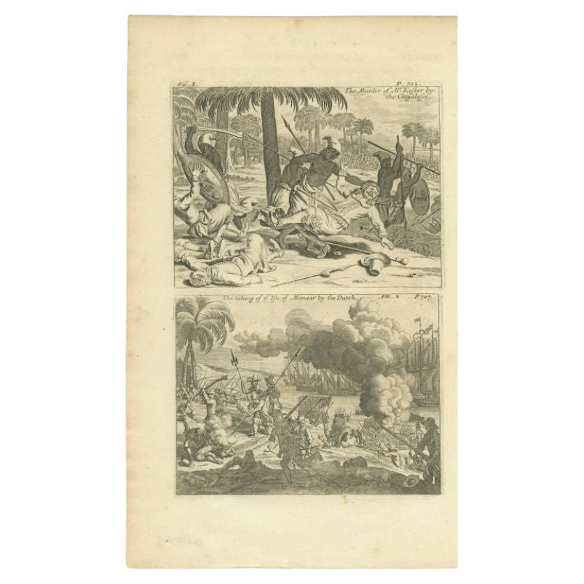 Grabado antiguo del asesinato del Sr. Koster, c.1730