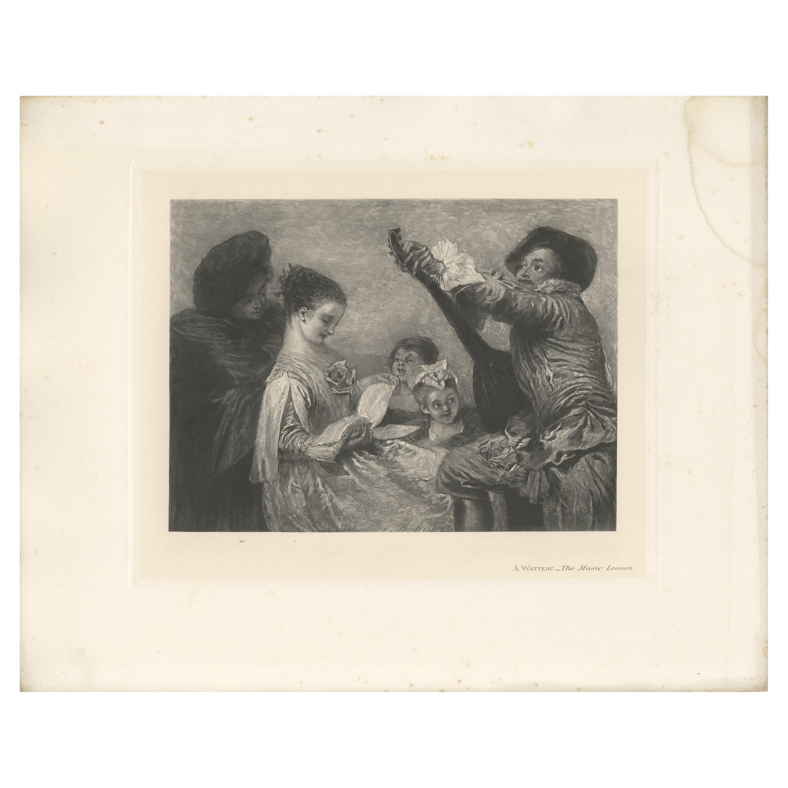 Antiker antiker Druck von „The Music Lesson“ nach A. Watteau „1902“