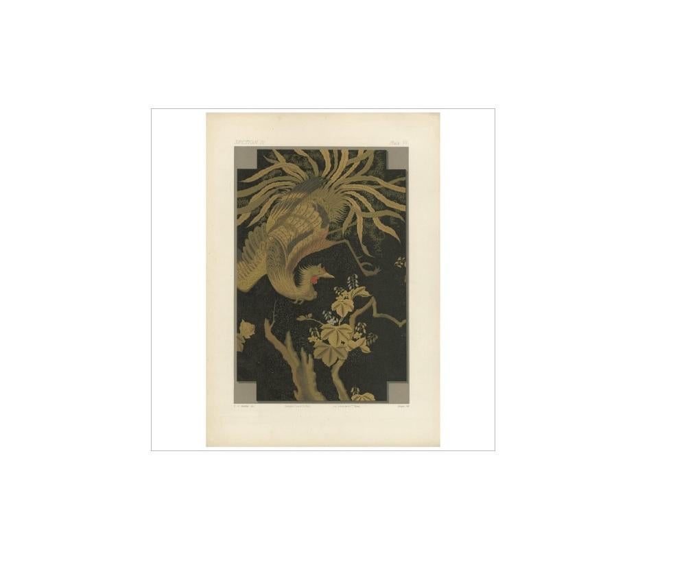 Untitled print, Section IV, plate VI. This chromolithograph the mythical Howo flying above the Kiri (Paulownia imperiales) . The article represented on the plate is the lid of a black lacquer box. Detailed information about this print available on