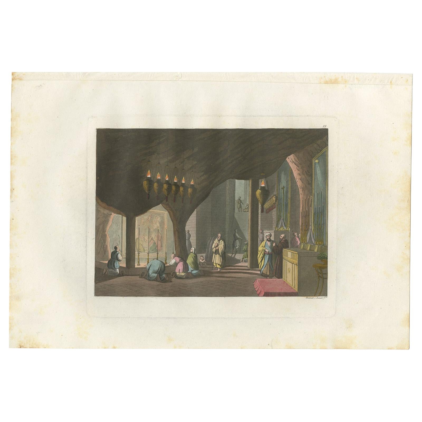 Antique Print of the Nativity Grotto by Ferrario '1831'