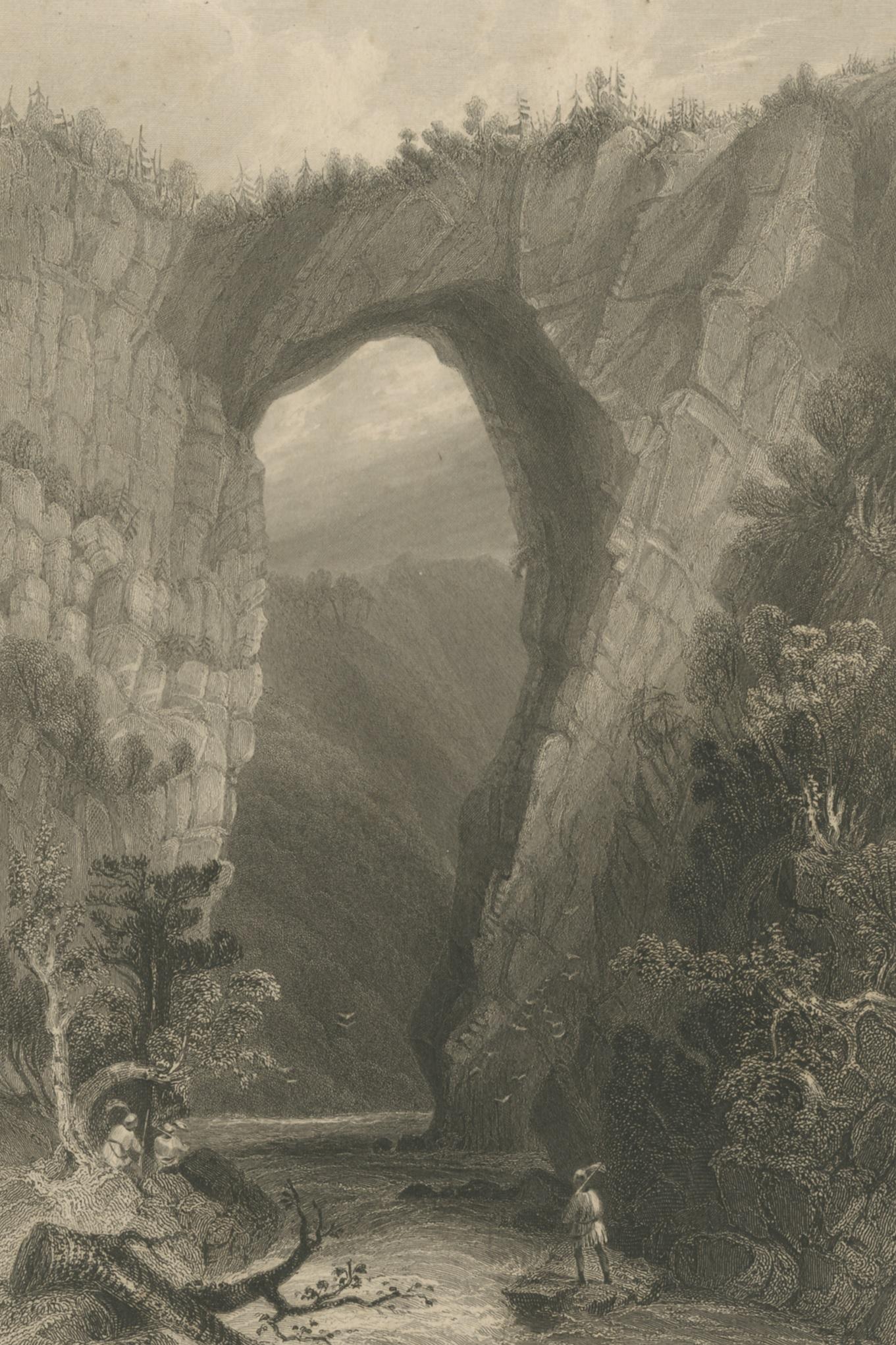 Antique print titled 'Natural Bridge, Virginia'. View of the natural bridge, a geological formation in Rockbridge County, Virginia. Published, circa 1860.