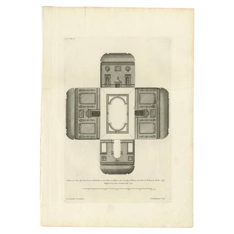 Antique Print of the New Garden Room of Hall Barn by Campbell, 1725