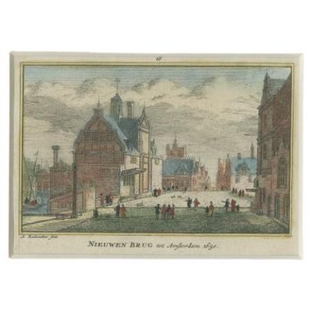 Grabado antiguo del "Nieuwe Brug" de Amsterdam por Rademaker, c.1730