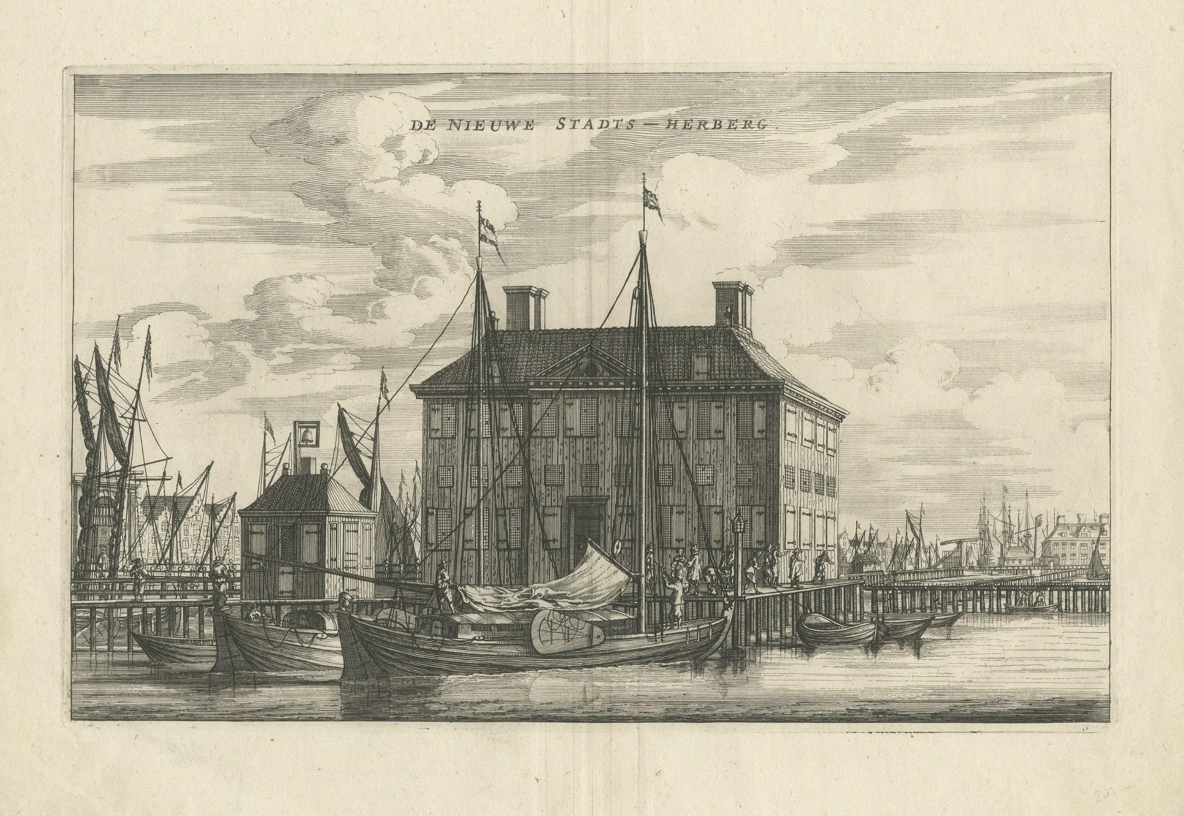 Antique Print of the 'Nieuwe Stadsherberg' by Dapper, c.1663 For Sale