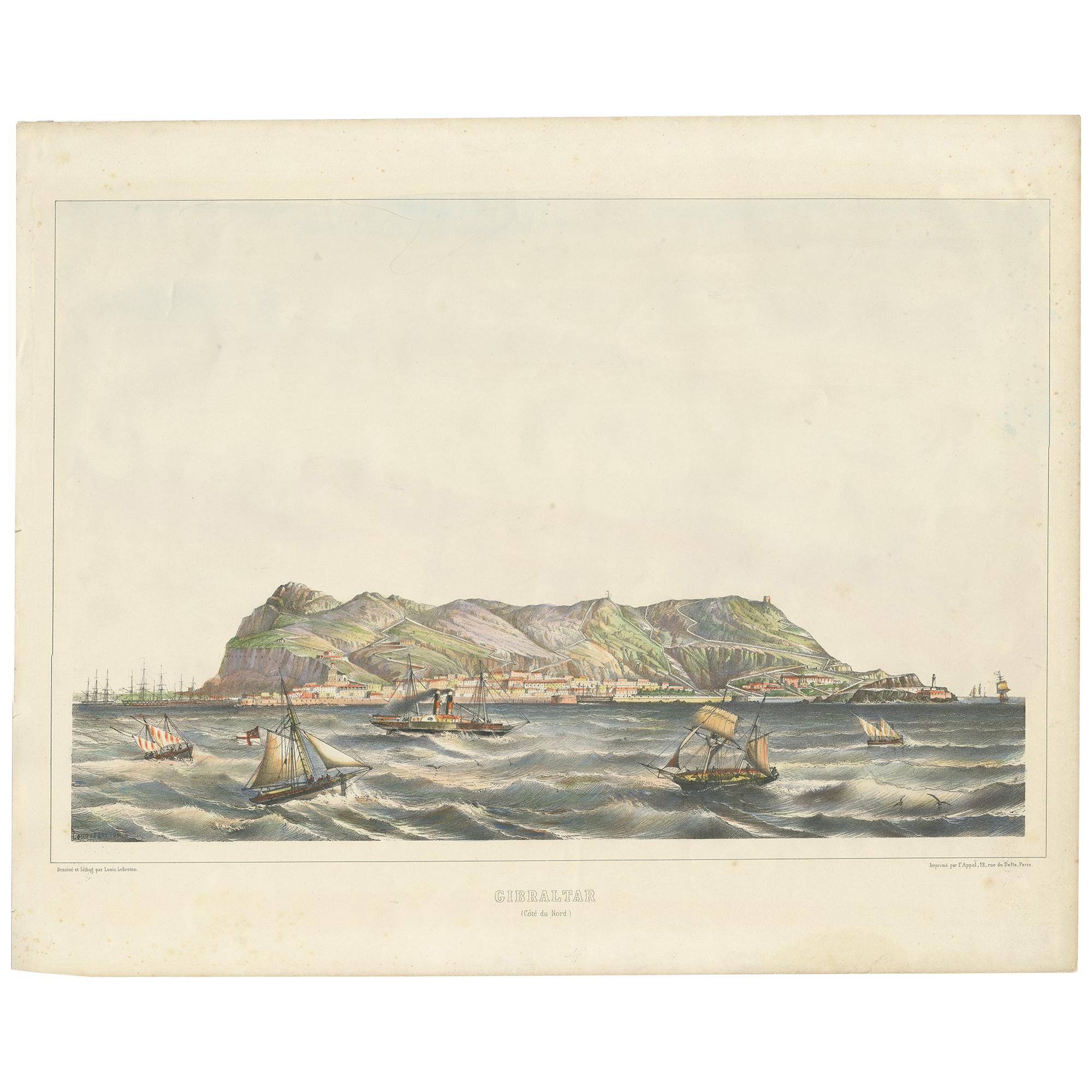 Stampa antica della costa settentrionale di Gibilterra di F. Appel '1890 ca.