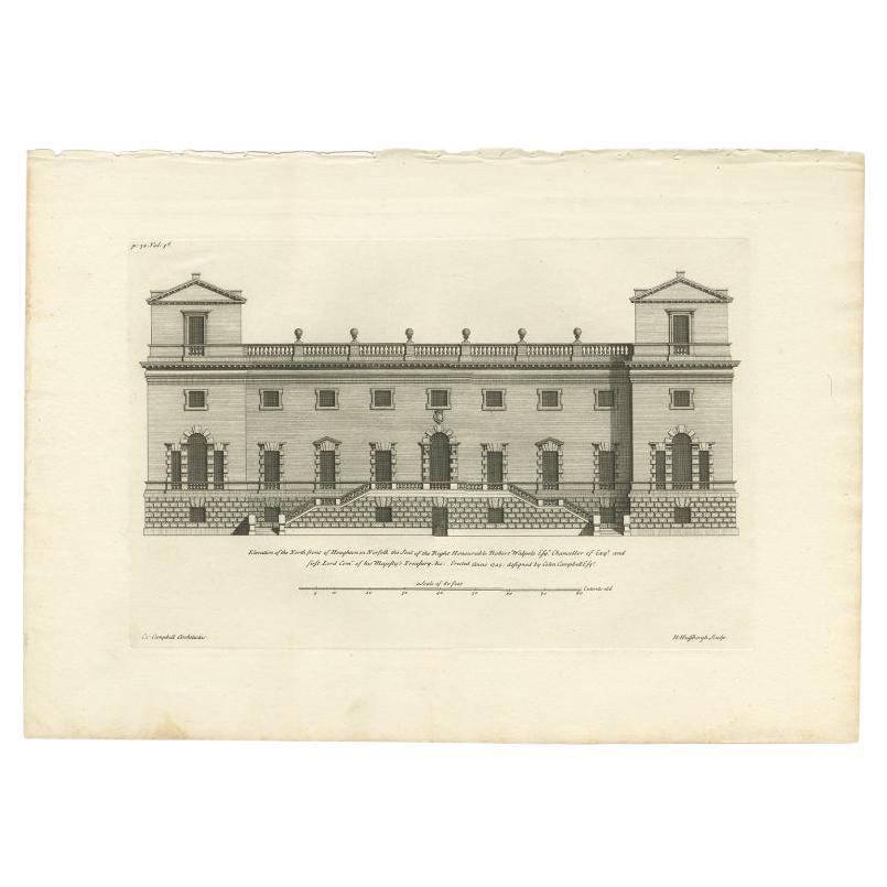 Antique print titled 'Elevation of the North front of Houghton in Norfolk (..)'. 

Houghton Hall is a country house in the parish of Houghton in Norfolk, England. It is the residence of David Cholmondeley, 7th Marquess of Cholmondeley. It was