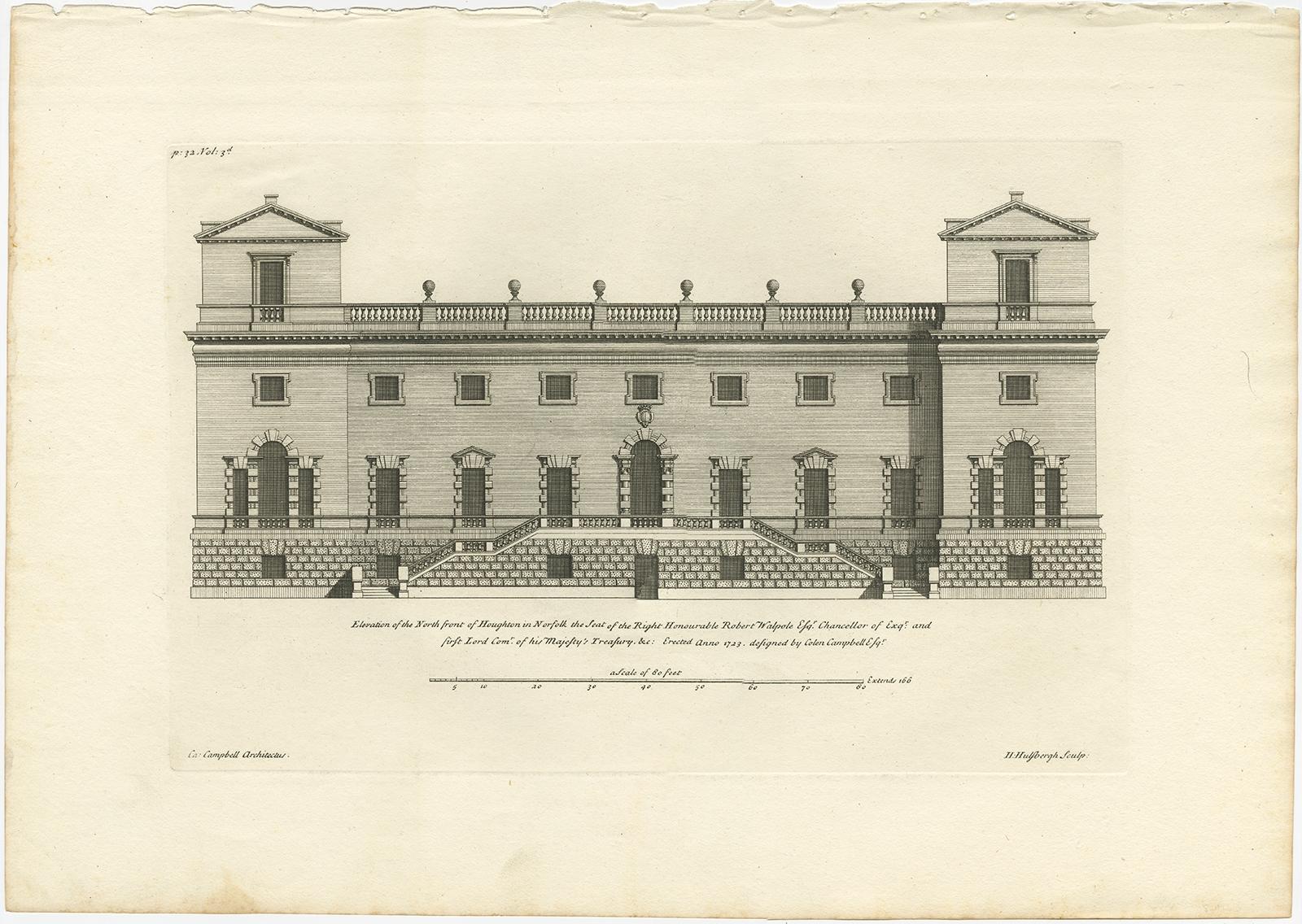 Antique Print of the North Front of Houghton Hall in Norfolk, England, 1725 In Good Condition In Langweer, NL