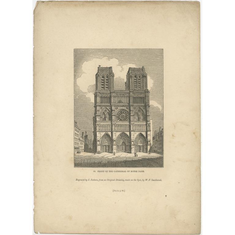 Antique print titled 'Front of the Cathedral of Notre Dame'. Old print of the Notre-Dame de Paris Cathedral, France. This print originates from 'One Hundred and Fifty Wood Cuts selected from the Penny Magazine'. Artists and Engravers: Published by