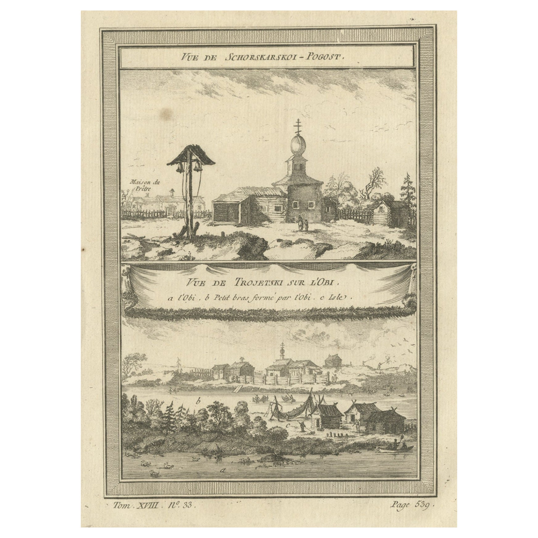 Antiker Druck des Ob-Fluss- und Dorfes in Sibirien, Russland, 1768