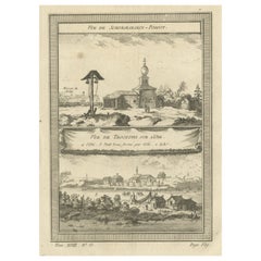 Antiker Druck des Ob-Fluss- und Dorfes in Sibirien, Russland, 1768