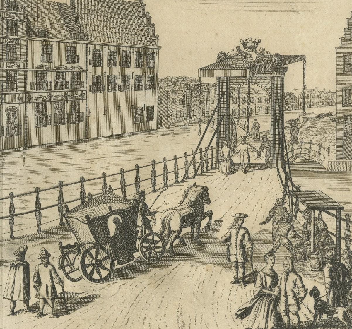 Gravure ancienne intitulée 't Arm-Huis van de Diakonie'. Vue de l'ancien foyer pour femmes et enfants de la paroisse, situé sur le Spui à La Haye. Dans la rue, plusieurs personnages, une échoppe et un koets. Publié par R. Boitet, vers 1735.