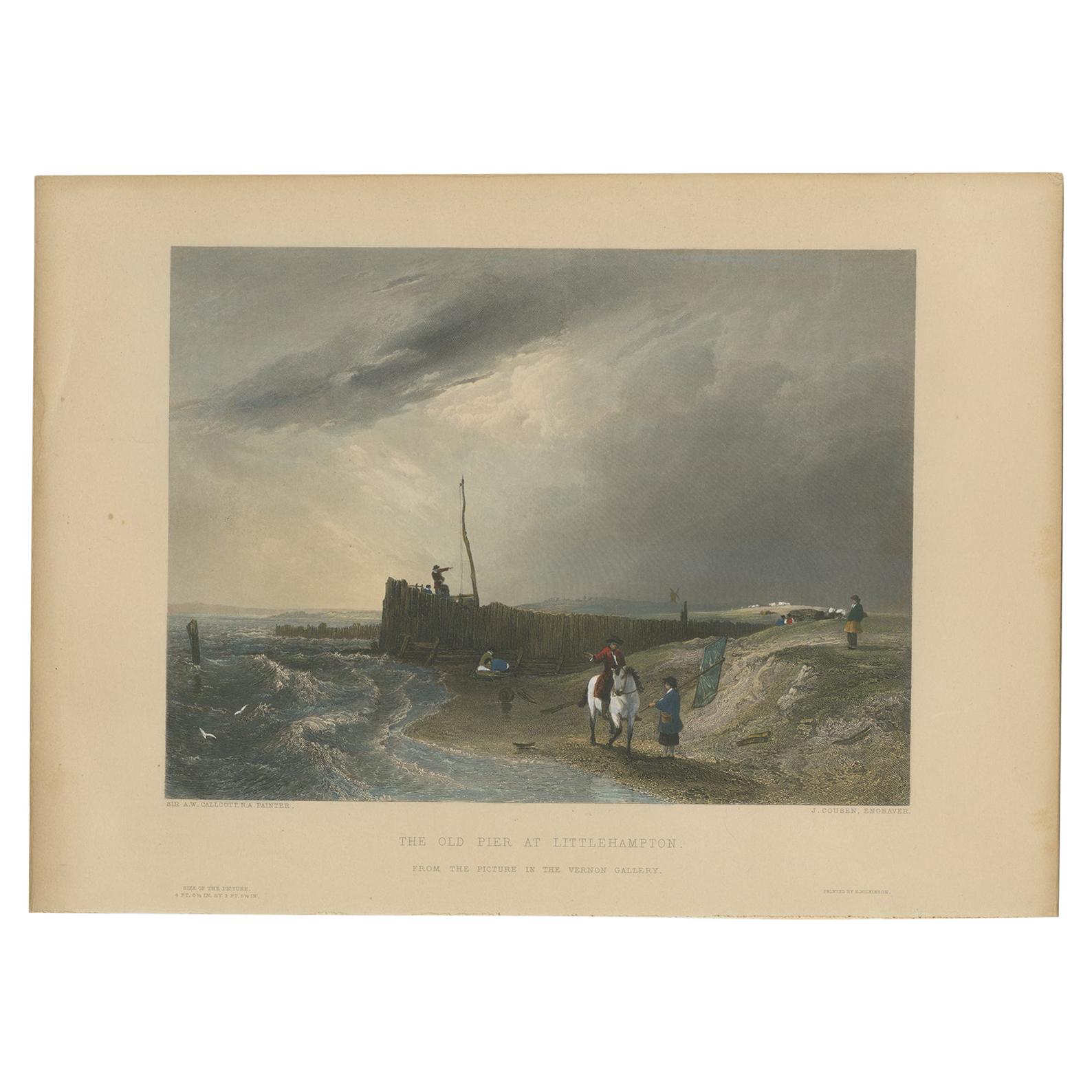 Antique Print of the Old Pier at Littlehampton by Wilkinson, 'C.1850' For Sale