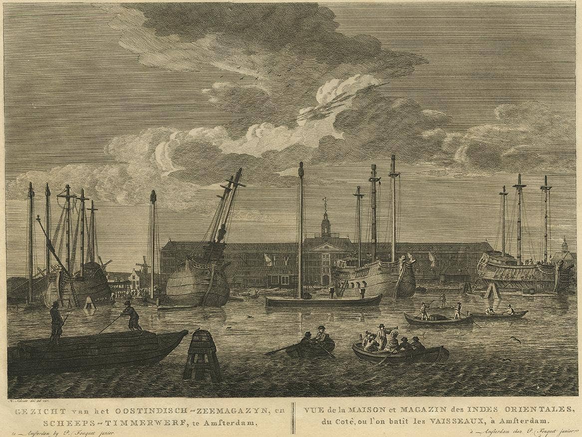 Antique Print of the 'Oostindisch-Zeemagazyn' in Amsterdam by H.P. Schouten