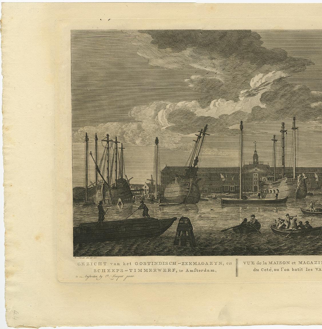 Antique Print of the 'Oostindisch-Zeemagazyn' in Amsterdam by H.P. Schouten In Good Condition For Sale In Langweer, NL