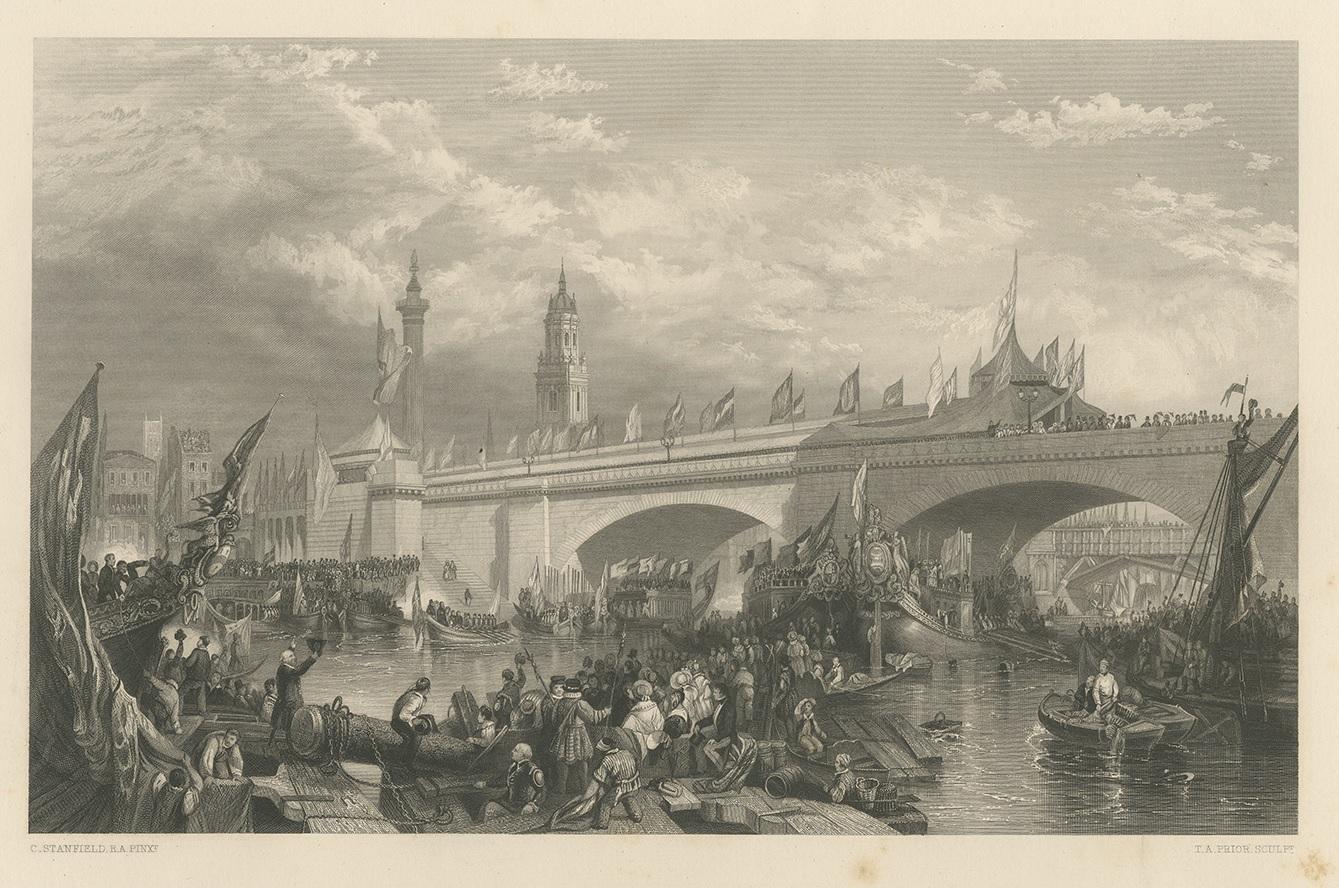 Antique print titled 'The Opening of the New London Bridge'. View of London Bridge from the South bank towards the Monument. This print originates from 'The Art Journal' published in 1858.