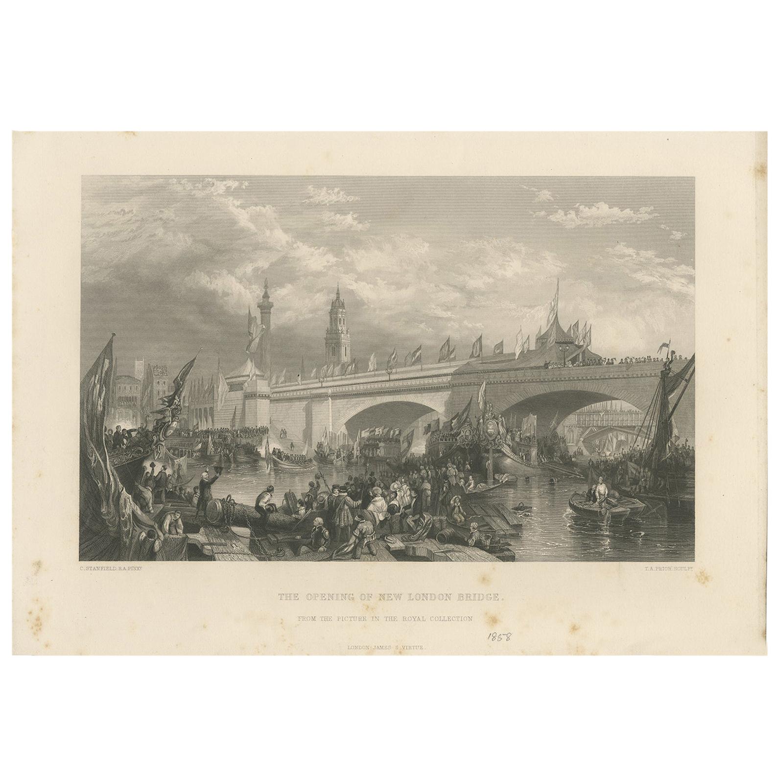 Antiker Druck der Eröffnung der London Bridge durch Tugend:: 1858