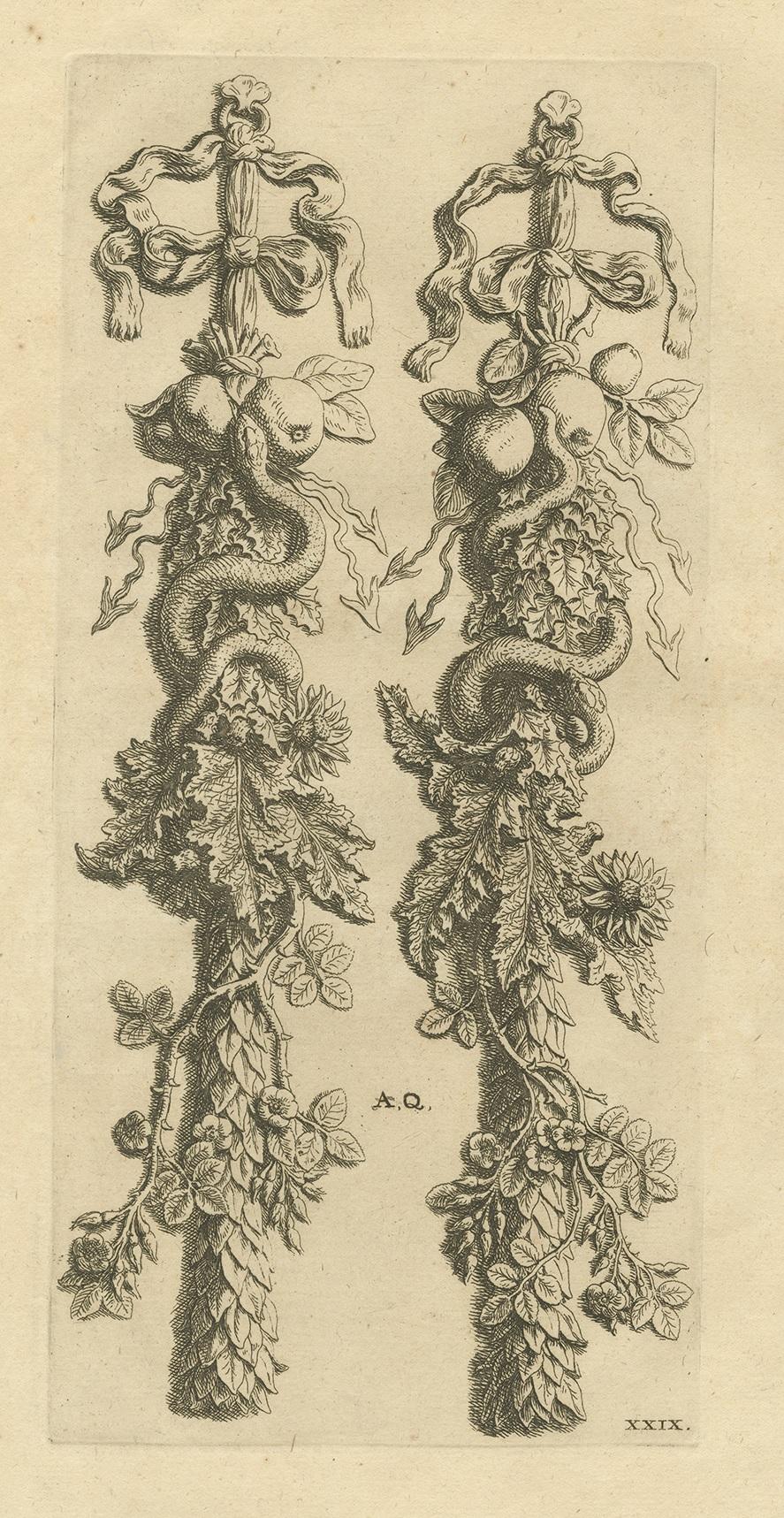 Antique print depicting the ornaments in the Great Hall of the city hall of Amsterdam. This print originates from 'Architecture, peinture et sculpture de la Maison de Ville d’Amsterdam, representee en CIX figures en taille-douce' by Hubertus