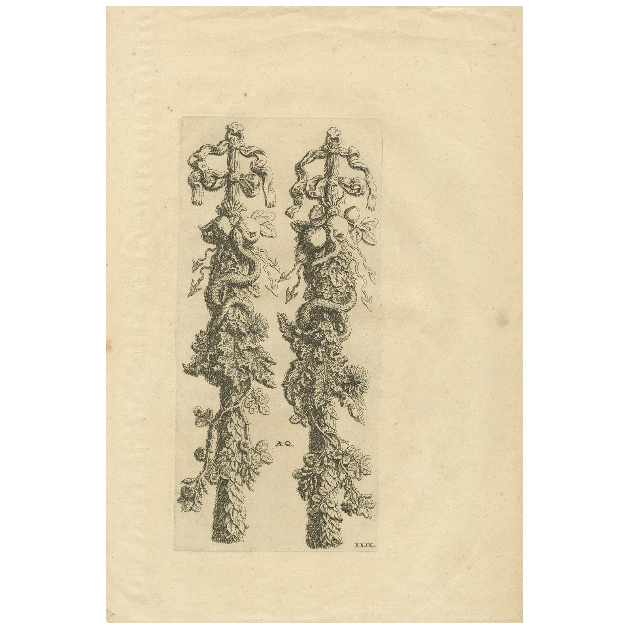 Antique Print of the Ornaments in the Great Hall of the City Hall of Amsterdam For Sale