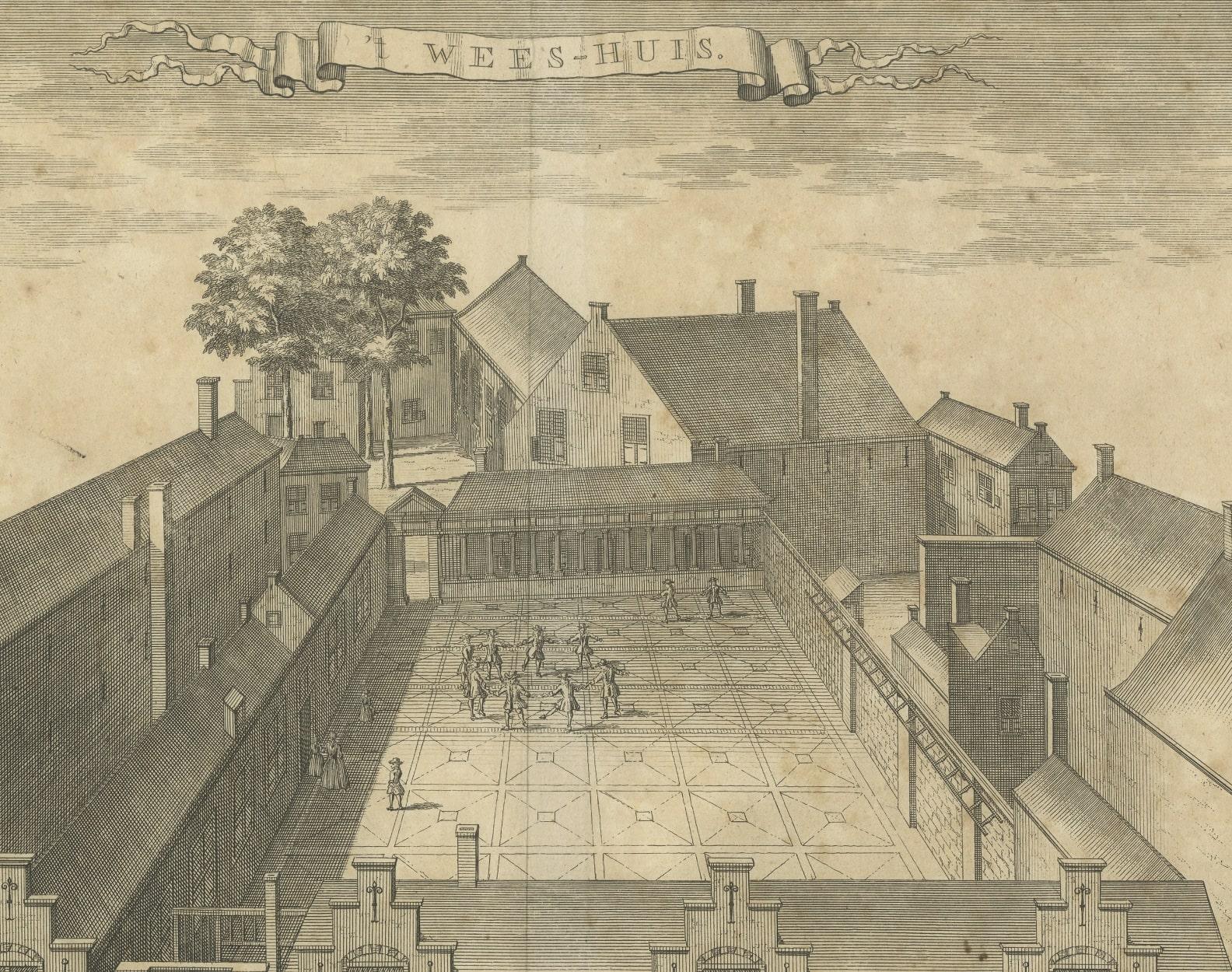 Antique print titled 't Wees-Huis'. View of the orphanage in The Hague (Westeinde). Published by R. Boitet, circa 1735.