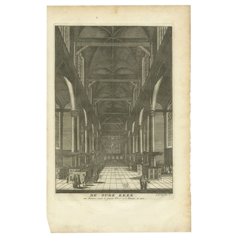 Antiker antiker Druck der „Oude Kerk“ in Amsterdam von Goeree, 1765