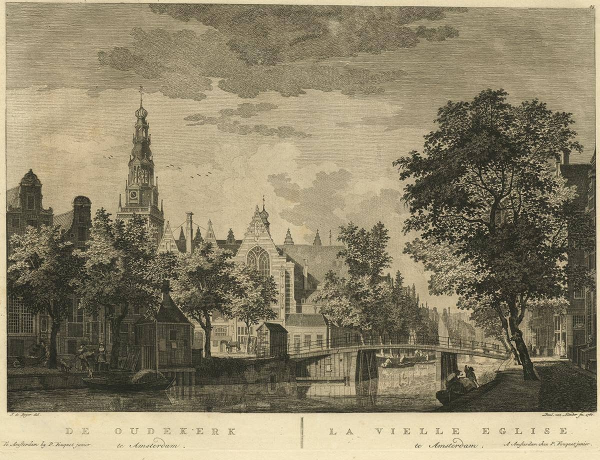 Antique Print of the 'Oudekerk' Church in Amsterdam by P. Van Liender, 1760