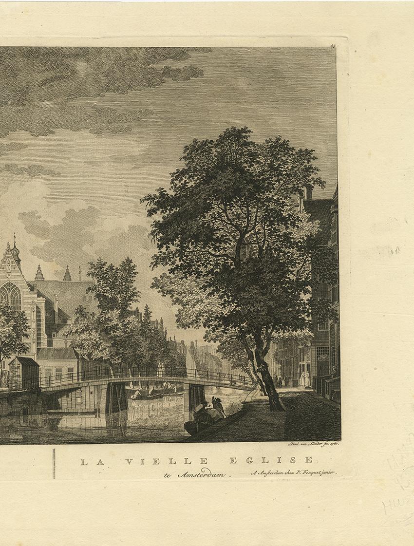 18th Century Antique Print of the 'Oudekerk' Church in Amsterdam by P. Van Liender, 1760 For Sale