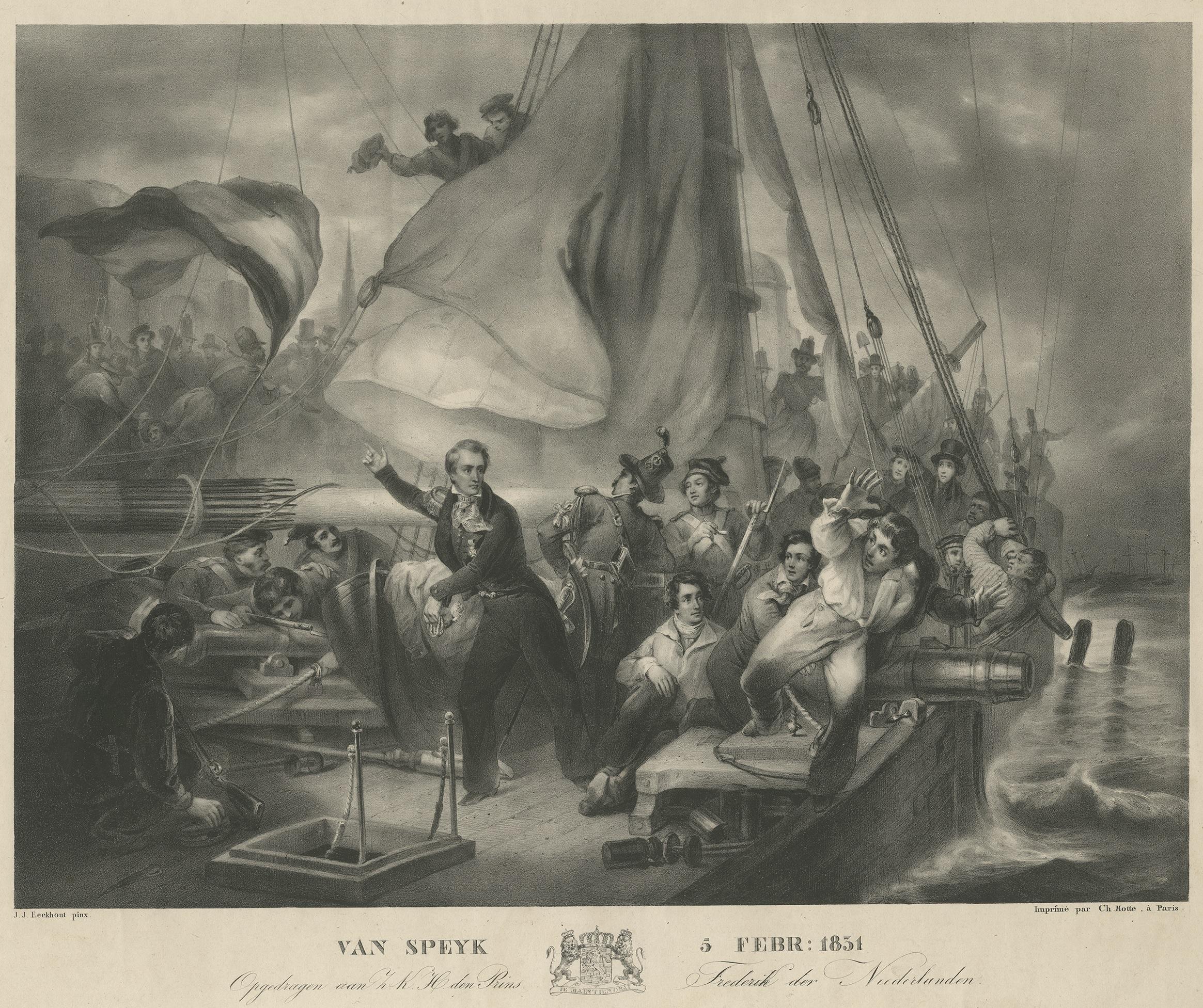 Antique print titled 'Van Speyk 5 Febr: 1831'. Large antique print on chine collé, it shows the overrun of Jan van Speijk's gunboat by Belgian insurgents, 5 February 1831. Jan van Speijk is about to throw the burning fuse into the hold, pointing his