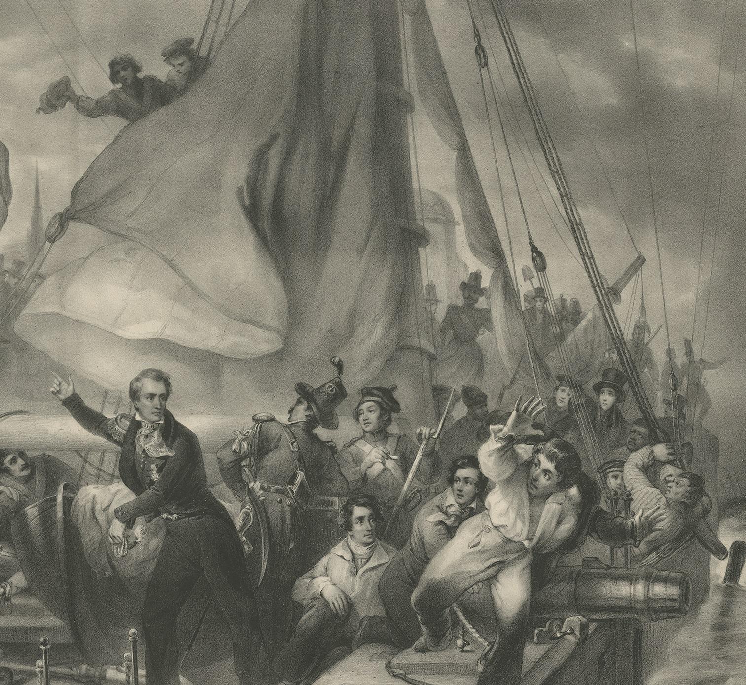 Antique Print of the Overrun of Jan Van Speijk's Gunboat by Madou 'circa 1831' In Fair Condition For Sale In Langweer, NL