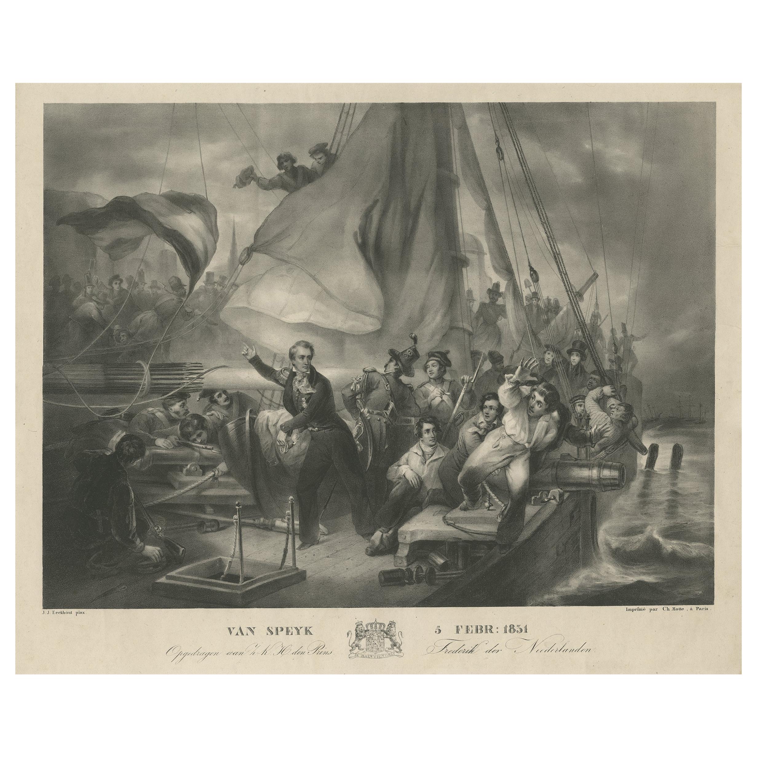 Antique Print of the Overrun of Jan Van Speijk's Gunboat by Madou 'circa 1831' For Sale