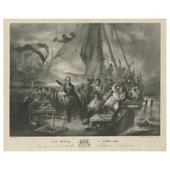 Stampa antica del travolgimento della cannoniera di Jan Van Speijk da parte di Madou, circa 1831