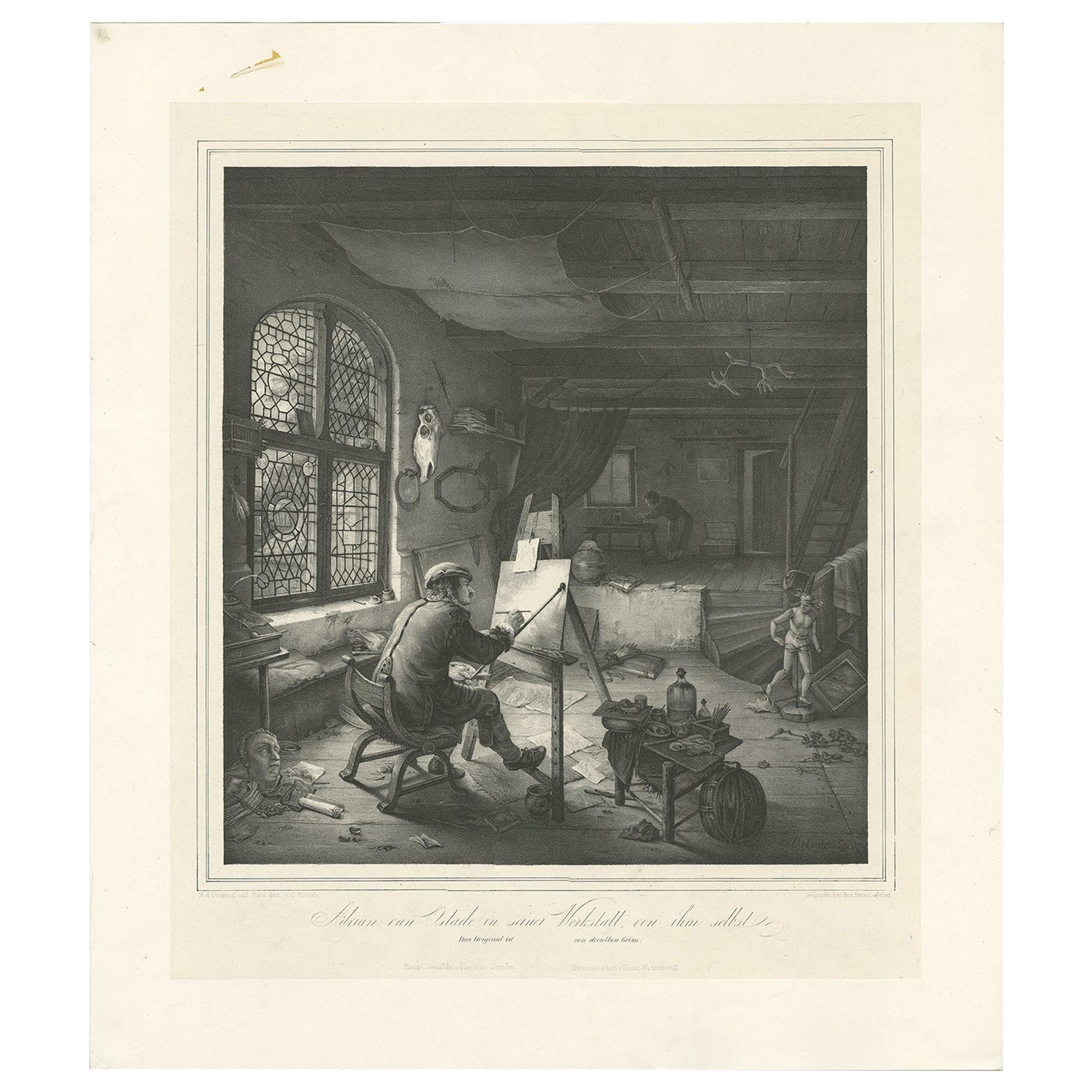 Antique print titled 'Adrian van Ostade in seiner Werkstatt von ihm selbst'. Lithograph, on chine collé, of the Dutch Golden Age painter Adriaen van Ostade in his workshop. Published circa 1840.