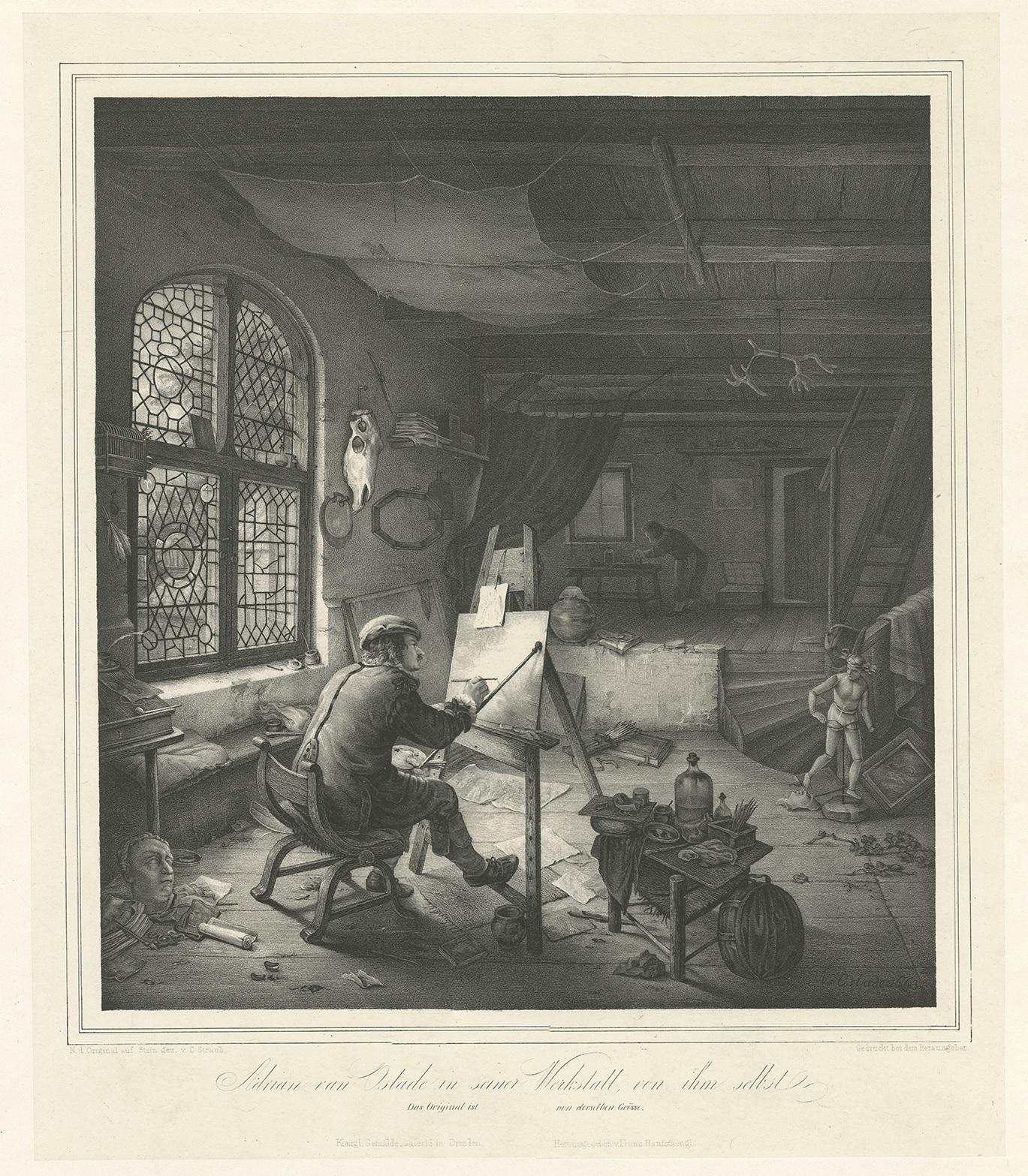 Carta Stampa antica del pittore Adriaen van Ostade nel suo atelier, circa 1840 in vendita