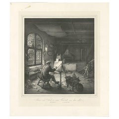 Impression ancienne du peintre Adriaen van Ostade dans son atelier, vers 1840