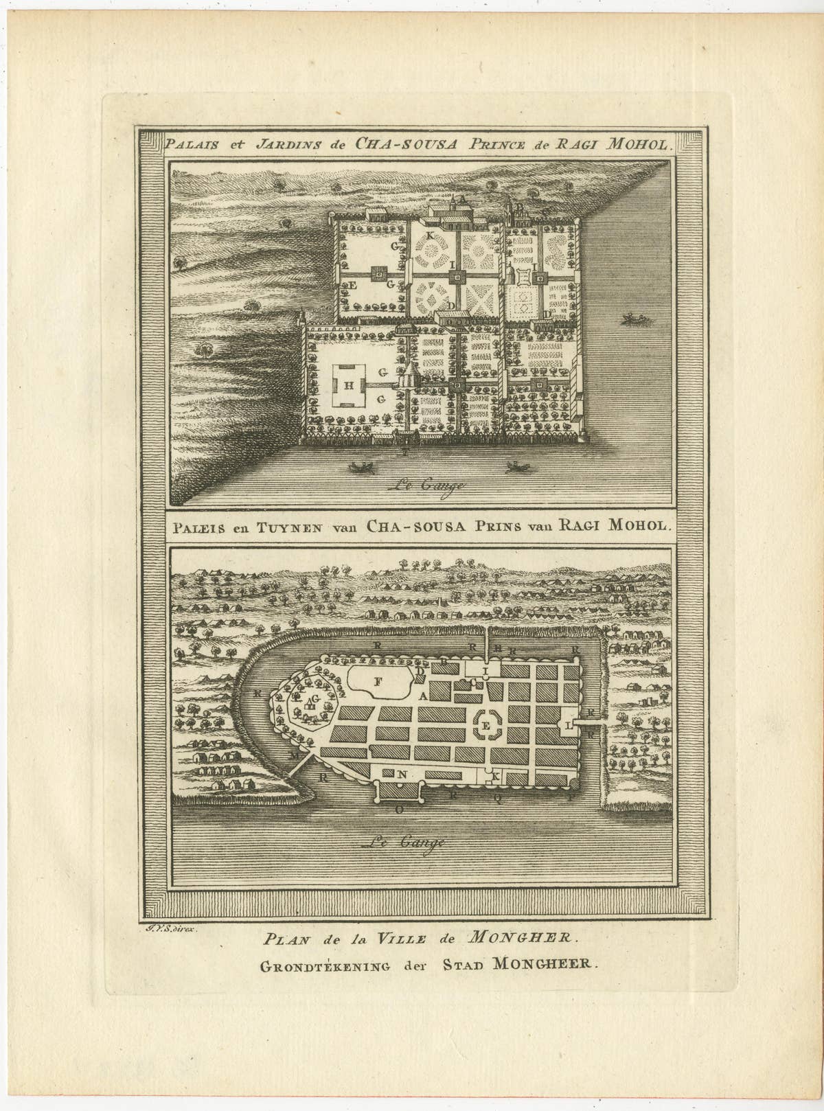Antique Print of the Palace and Gardens of Shah Shuja & Plan of Munger, India
