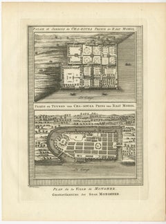 Antique Print of the Palace and Gardens of Shah Shuja & Plan of Munger, India
