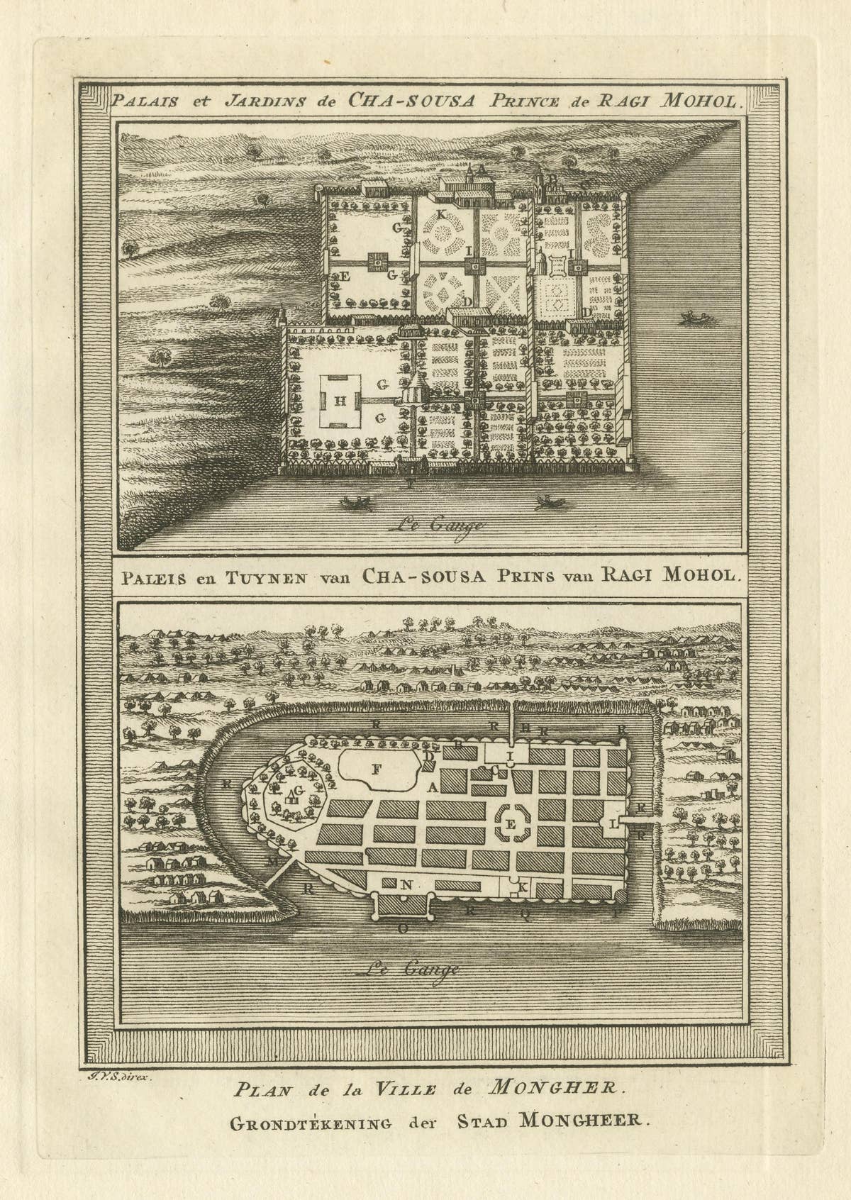 Antique Print of the Palace and Gardens of Shah Shuja & Plan of Munger, India