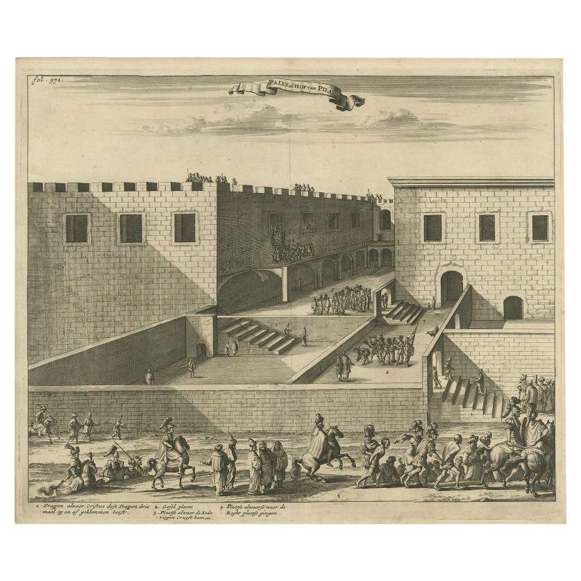 Impression ancienne du palais de Pontius Pilatus à Jérusalem, 1677 en vente