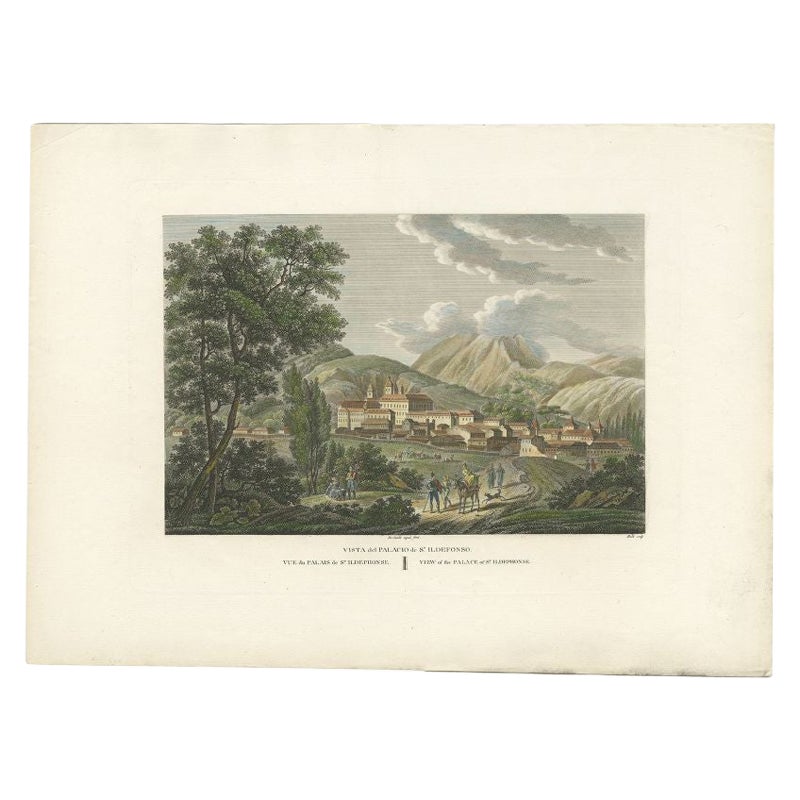 Antiker Druck des Palastes der heiligen Ildephonse in Spanien, um 1820