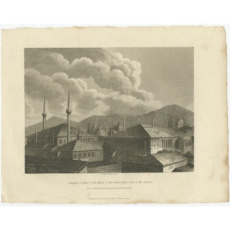 Antique print titled 'Seraglio, or Palace of the Khans of the Crimea, with a view of the Charem'. View of the palace of the Khans of Crimea at Bahçesaray, Crimea. This print originates from 'Travels in Various Countries of Europe, Asia and Africa'