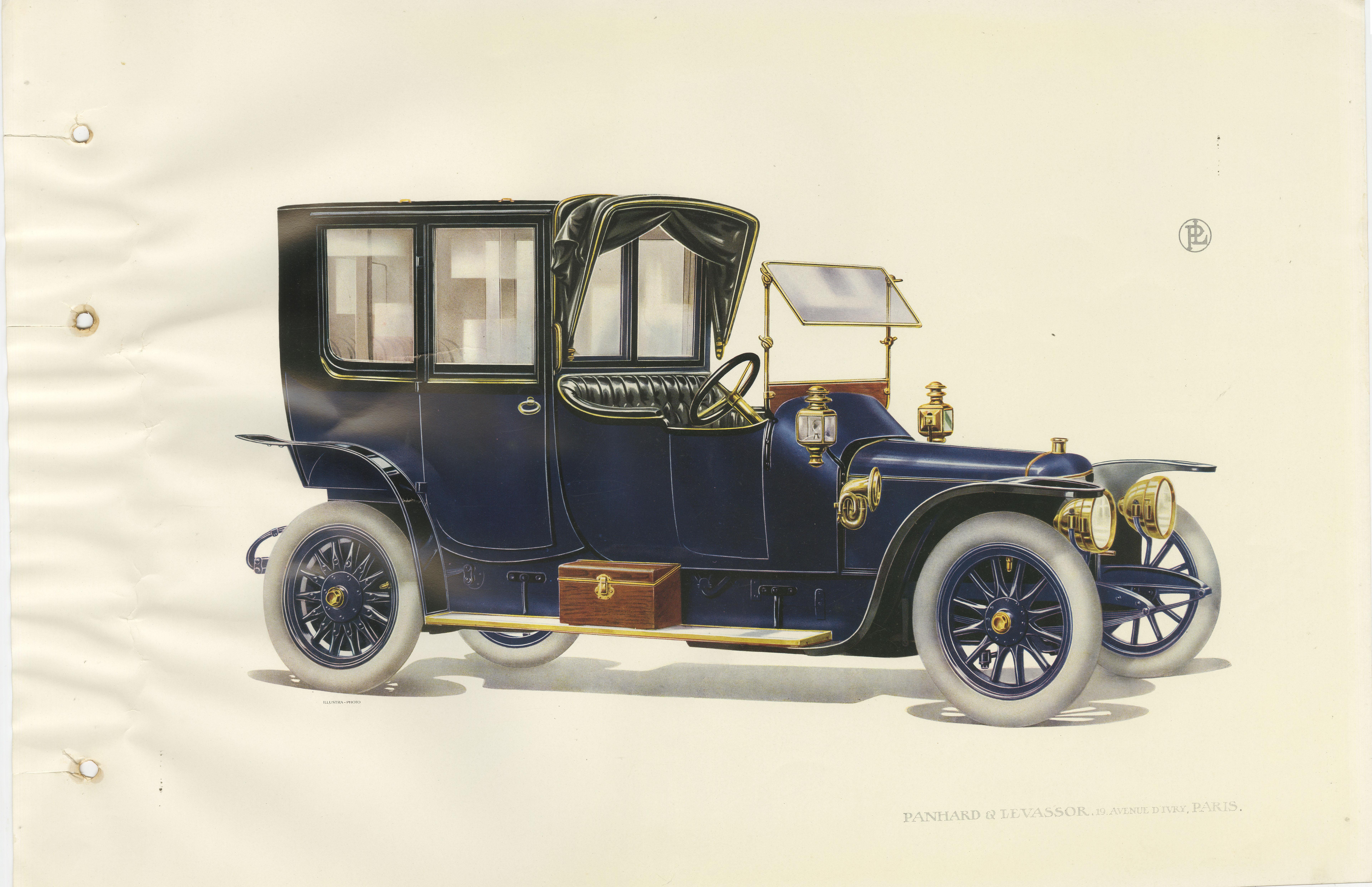 Antique print of a Panhard et Levassor coupe avant torpedo car. This print originates from a rare catalog of the exclusive French brand Panhard & Levassor from 1914.

Panhard was a French motor vehicle manufacturer that began as one of the first