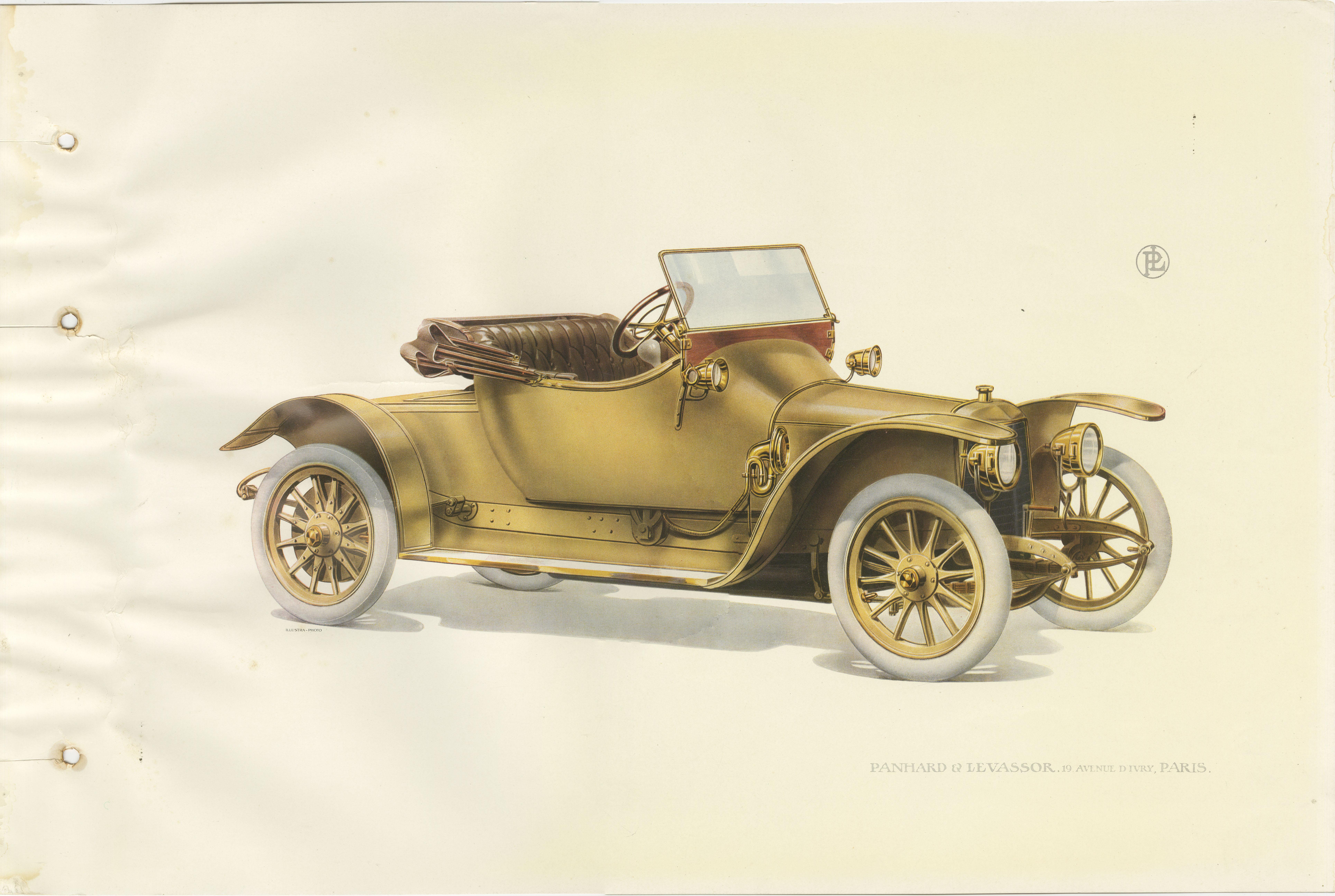 Antique print of a Panhard et Levassor deux baquets car. This print originates from a rare catalog of the exclusive French brand Panhard & Levassor from 1914.

Panhard was a French motor vehicle manufacturer that began as one of the first makers