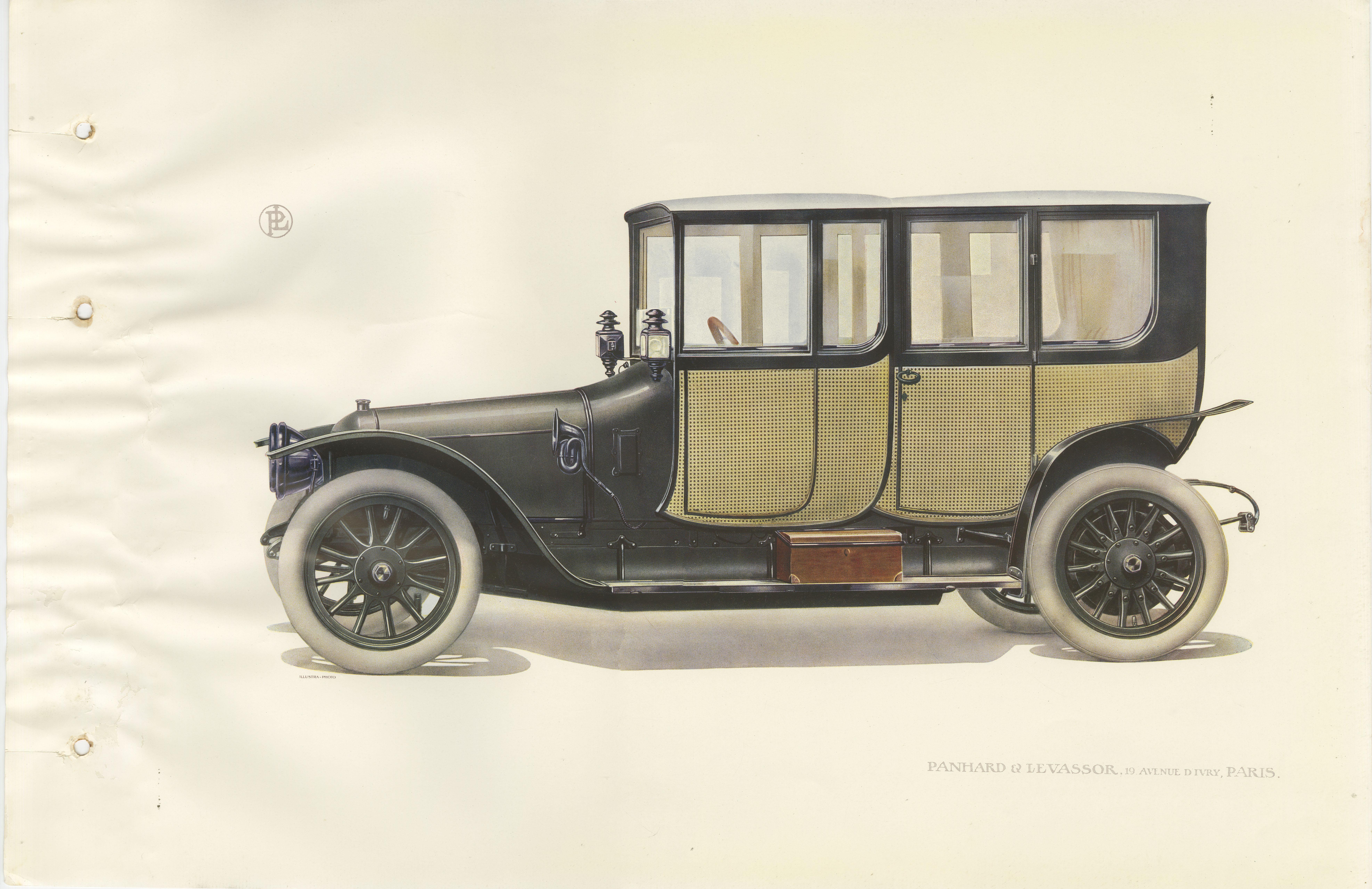 Antique print of a Panhard et Levassor double coupe conduite car. This print originates from a rare catalog of the exclusive French brand Panhard & Levassor from 1914.

Panhard was a French motor vehicle manufacturer that began as one of the first
