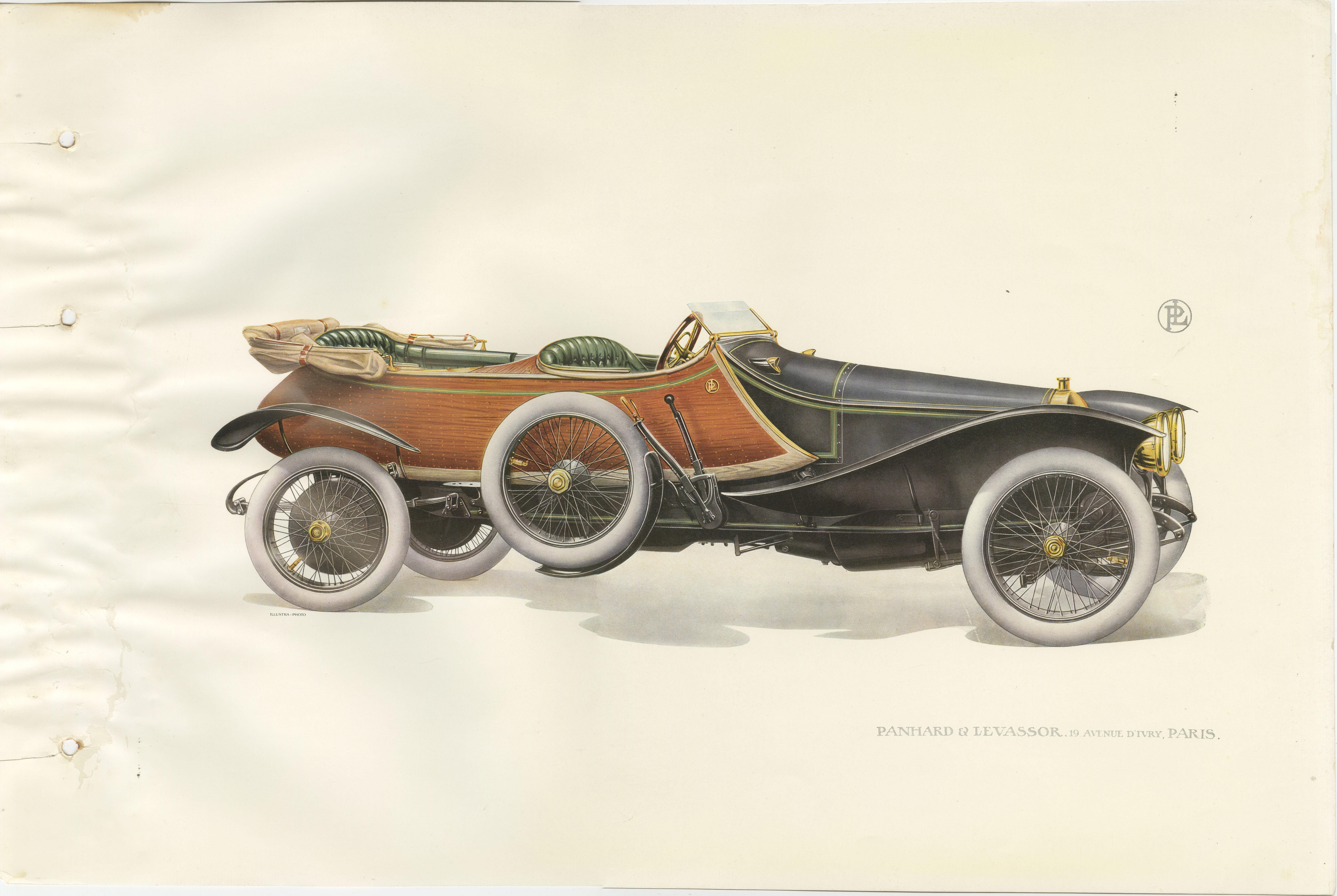 Antique print of a Panhard et Levassor Skiff-Torpedo car. This print originates from a rare catalog of the exclusive French brand Panhard & Levassor from 1914.

Panhard was a French motor vehicle manufacturer that began as one of the first makers