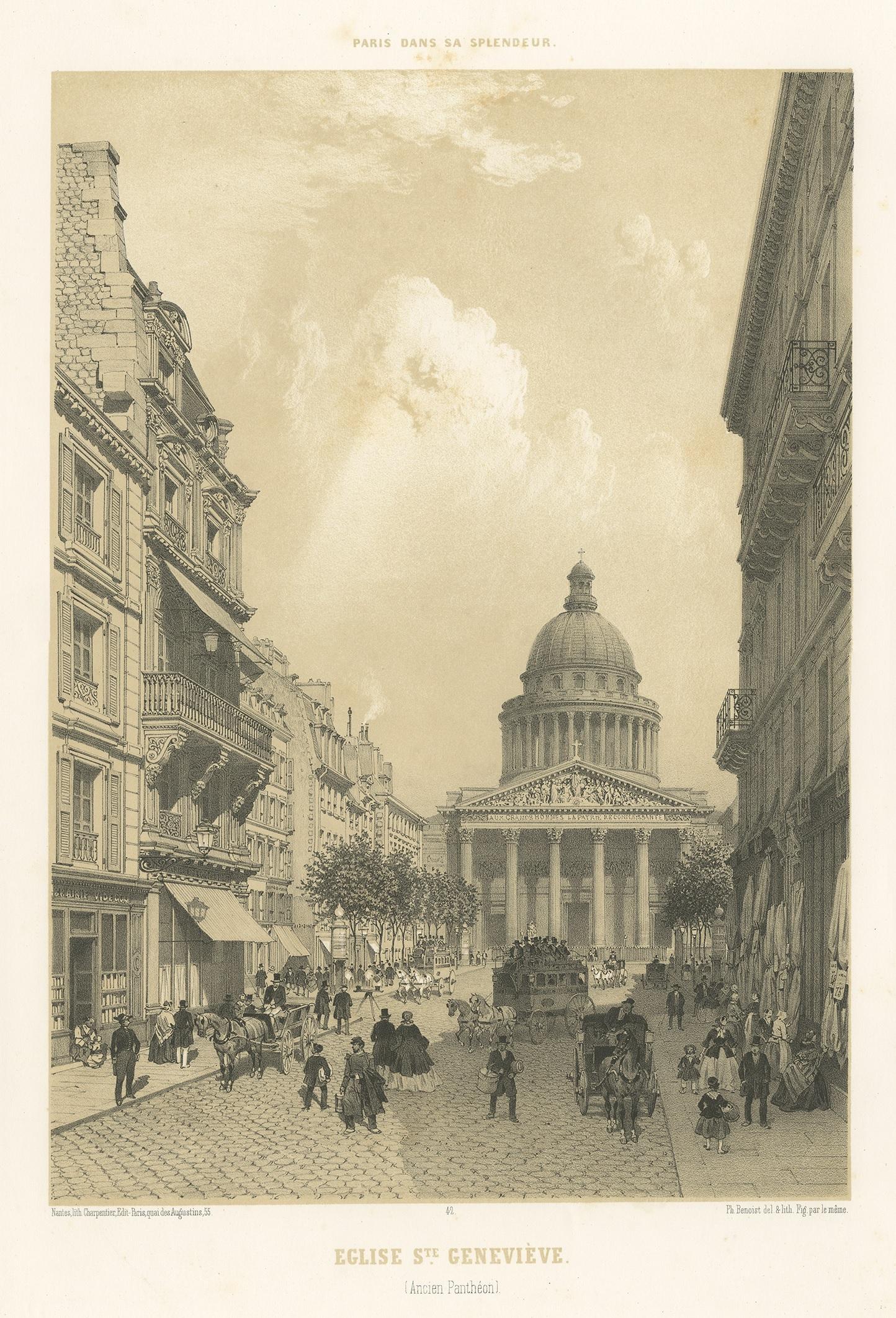 Antique print titled 'Eglise S. Geneviève'. Lithograph with a view of the Panthéon in Paris, France. This print originates from 'Paris dans sa splendeur, monuments, vues, scenes historiques, descriptions et histoire' published by Charpentier.