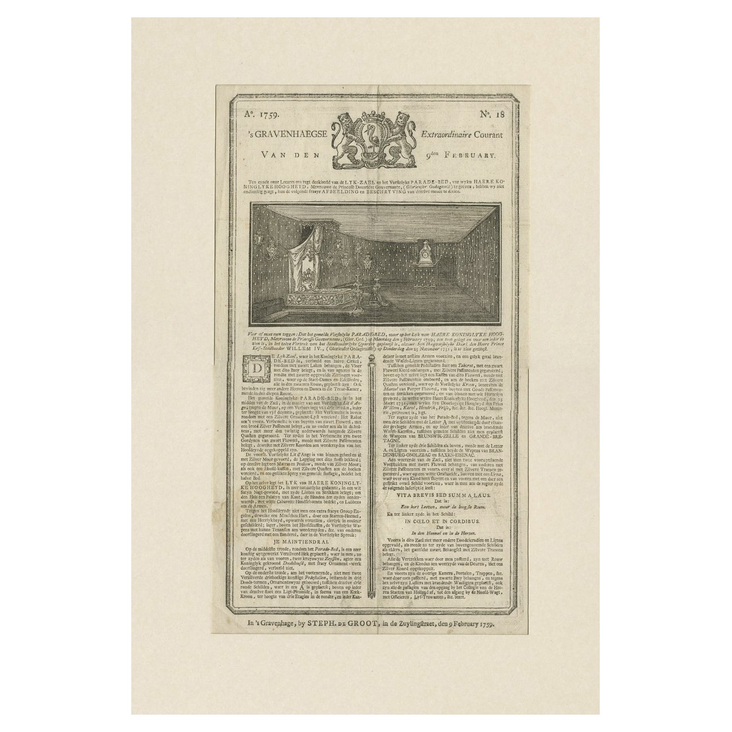 Grabado antiguo de la sala de desfiles y la cama de Anna Van Hannover, 1759 en venta