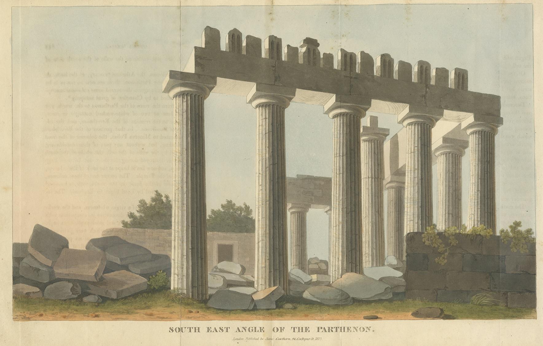 Antique print titled 'South East Angle of the Parthenon'. View of the Parthenon, a former temple on the Athenian Acropolis, Greece. This print originates from 'A Journey Through Albania, and Other Provinces of Turkey in Europe' by John Cam Hobhouse.