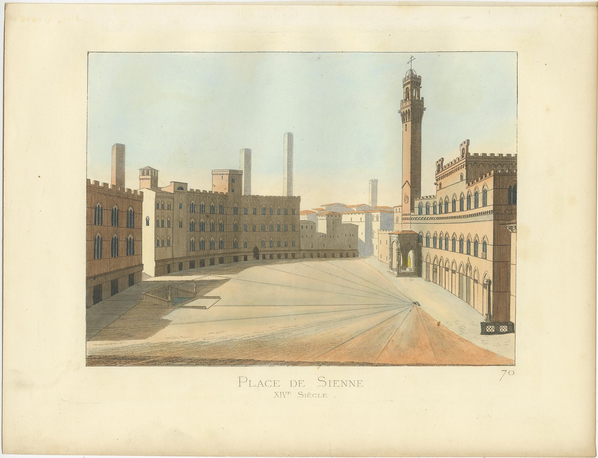 Grabado antiguo titulado 'Place de Sienne, XVe Siecle'. Grabado original antiguo de la Piazza del Campo, el principal espacio público del centro histórico de Siena, Toscana, Italia. Este grabado procede de 
